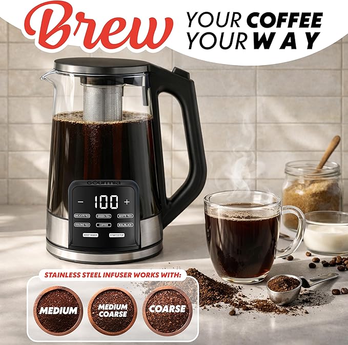 Gourmia Electric Glass Kettle – 1.7L Programmable Tea & Coffee Brewer with Digital Touch Display, 6 Presets, Removable Stainless Steel Infuser, Cordless with 360° Swivel Base, Black