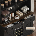 63 Inch Tall Coffee Bar Cabinet with 3-Tier, Kitchen Hutch with 3 Large Drawers, Farmhouse Coffee Bar with 9 Wine Racks & 3 Glass Holders, Wine Storage Cabinet for Living Dining Room, Black