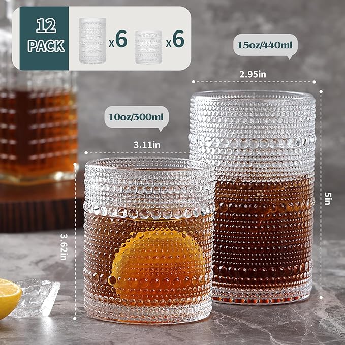 Moretoes Hobnail Drinking Glasses Set of 12, Vintage 15 Oz Highball Glasses & 10 Oz Cocktail Glasses, Clear Embossed Boho Glass Cups Kitchen Bar Tumbler Glassware Set for Whiskey, Beer, Juice, Milk