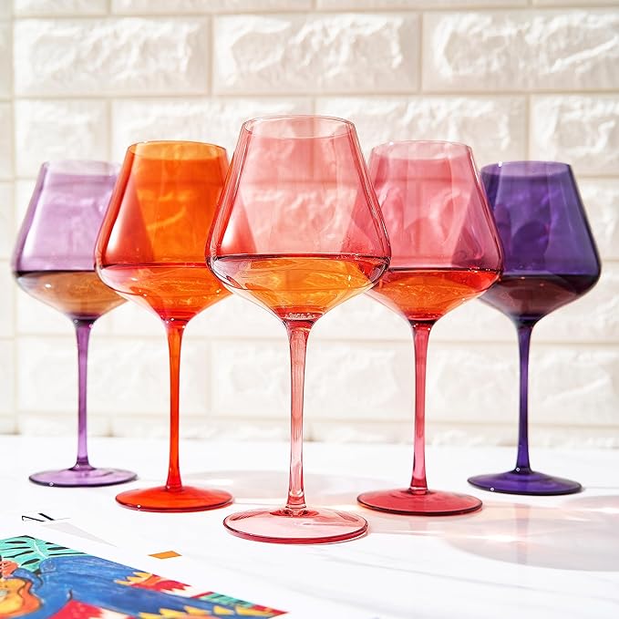 Khen Sunset Colored Crystal Wine Glass Set of 5, Large 20 OZ Glasses, Bright Italian Style Tall Stemmed Drinkware for Red & White Wine, Water Dinner Glasses, Color Beautiful Glassware - (Stemmed)