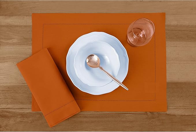 Solino Home Cotton Linen Placemats Set of 4 - Hemstitch Cinnamon Placemats 14 x 19 Inch - Machine Washable Table Mats
