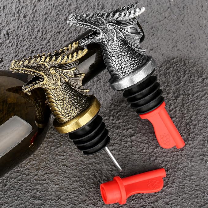 Dragon Head 2-In-1 Wine Bottle Pourer and Stopper, Gifts for Men Women Dragon Fans, Liquor Bottle Pourers Spout for Alcohol Spirits, Wine Accessories, Dark Silver