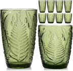 Vintage Green Drinking Glasses Set of 8, Mixed 10 oz & 12 oz Hand-Pressed Textured Glass Cups, Fern Embossed Retro Colored Glassware, Decorative Tumblers for Water & Cocktails, Boho Drinkware Gift Set