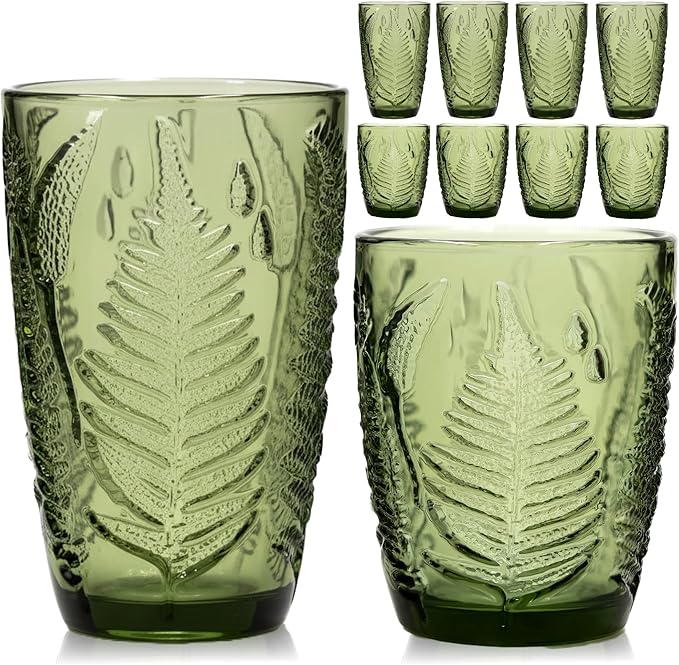 Vintage Green Drinking Glasses Set of 8, Mixed 10 oz & 12 oz Hand-Pressed Textured Glass Cups, Fern Embossed Retro Colored Glassware, Decorative Tumblers for Water & Cocktails, Boho Drinkware Gift Set