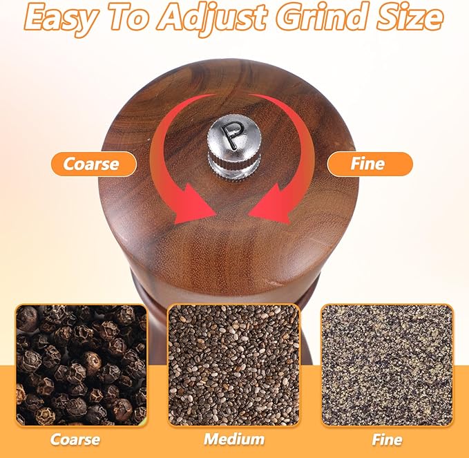 Kifmurase 2PCS Wooden Salt and Pepper Grinder Set, 8.7 inch Manual Refillable Salt Pepper Mills with Adjustable Coarseness, Solid Acacia Wood with Ceramic Grinding Core, Peppercorn Shaker Tableware
