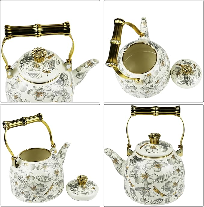 Vintage Enamel Tea Kettle, Dragonfly Floral Pattern Stovetop Teapot with Gold Handle, 2.5L Enamel Kettle Kitchen Decor, Ideal Gift for Housewarming Camping Coffee Pot