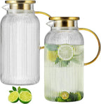 Buaic 2 PACK Glass Pitcher with Lid, 84oz/2.5L Liter Classic Vertical Stripes Water Pitcher,Glass Water Carafe for Cold Brew, Coffee, Lemonade, Iced Tea,Sun Tea, Beverage, Heat Resistant