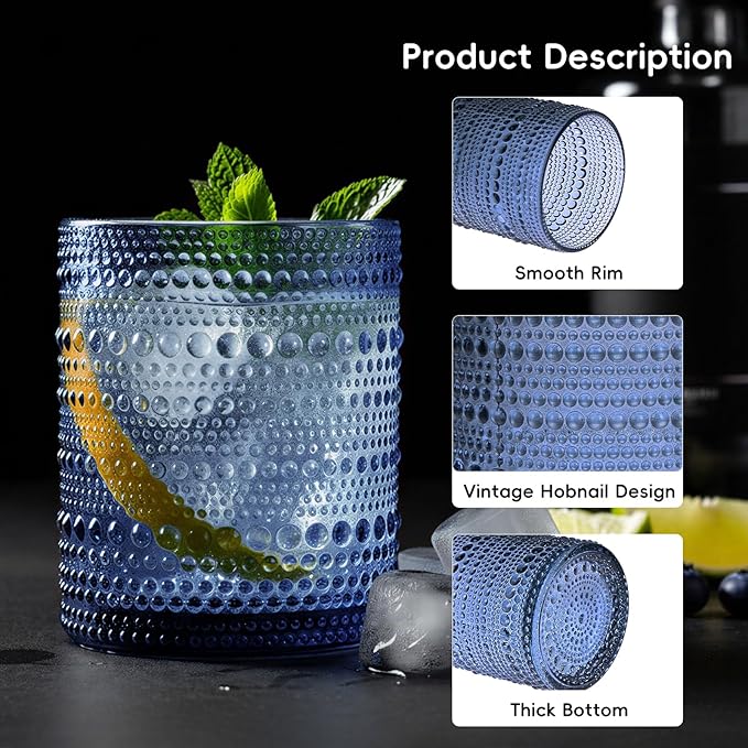 Moretoes Hobnail Drinking Glasses, 12 Piece Blue Water Glass Cups, Mixed Vintage Glassware Set, 6pcs 12oz Highballs and 6pcs 10oz old Fashioned Glasses, Great for Cocktail, Whisky and other Beverages