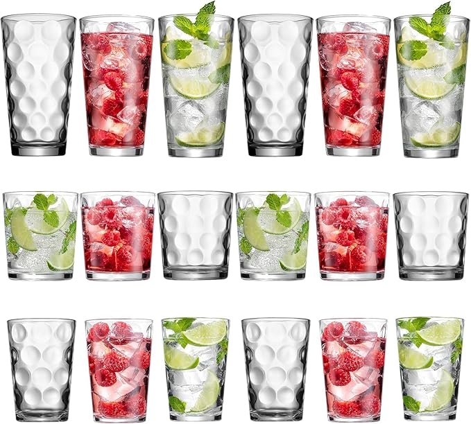Melrose 18-Piece Family Drinking Glasses Set - Drinking Glassware Set with Highball Cooler, DOF (Double Old Fashioned), and Juice Glasses - 6 Each