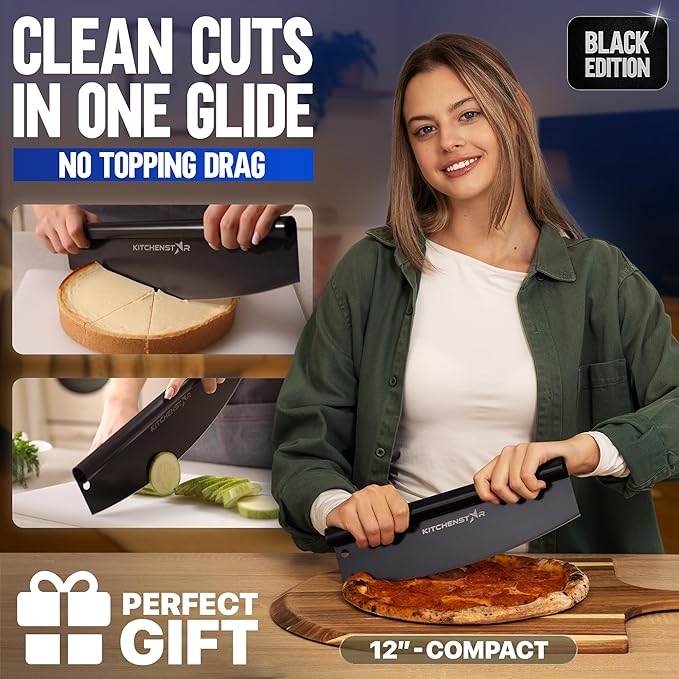 KitchenStar 12-Inch Pizza Cutter Rocker Blade - Sharp Stainless Steel Slicer Knife, Protective Cover, Black, Small - Professional Pizza Oven Accessories