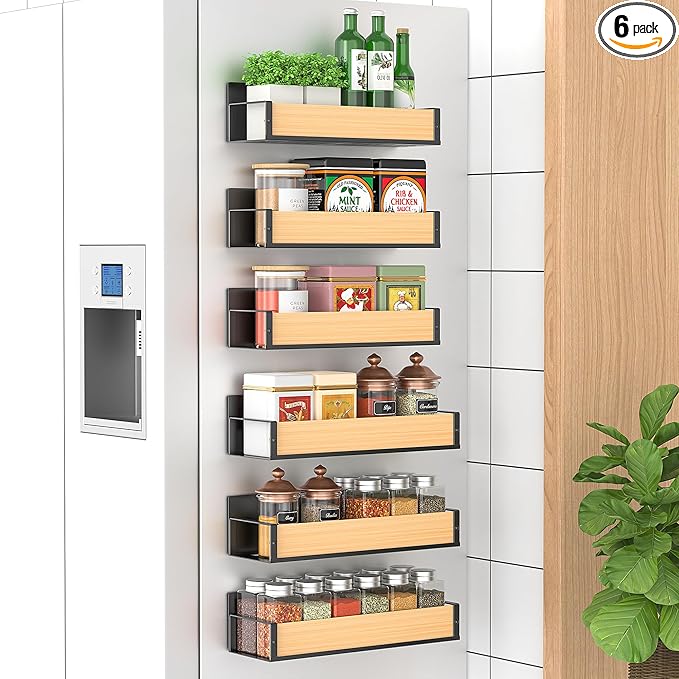 HuggieGems 6 Pack Magnetic Spice Storage Rack Organizer for Refrigerator and Oven, Wood Fridge Organizers and Storage