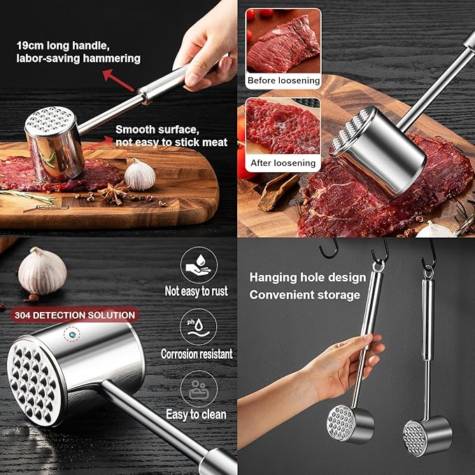 Meat Tenderizer 304 Stainless Steel Heavy Meat Hammer Tool and Hand-Held Meat Tenderizing Needle Tool can Tenderize Steak, Chicken, Fish, Pork, Beef and Veal Easily