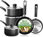 KICHLY 8 Piece Pots and Pans Set, Non Stick Kitchen Cookware Set with 20cm & 28cm Frying Pans and 16cm, 18cm, 20cm Saucepans with Lids, Induction Compatible Pots and Pans Set Non Stick, Black
