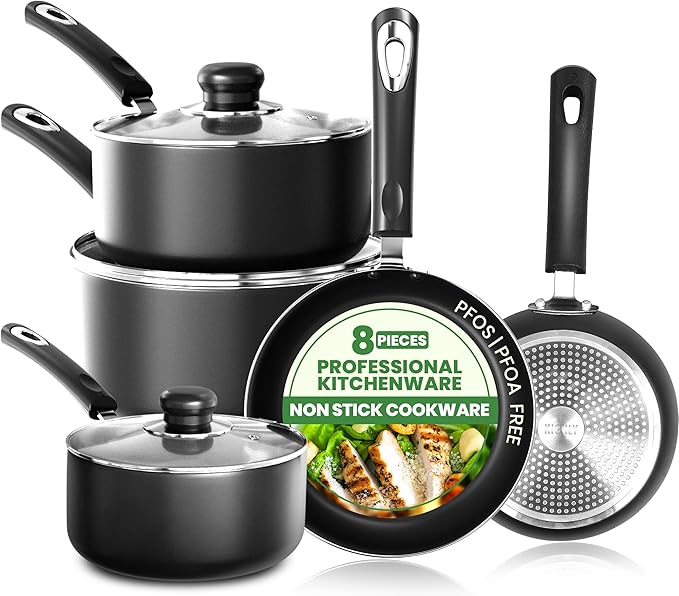 KICHLY 8 Piece Pots and Pans Set, Non Stick Kitchen Cookware Set with 20cm & 28cm Frying Pans and 16cm, 18cm, 20cm Saucepans with Lids, Induction Compatible Pots and Pans Set Non Stick, Black