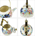 Vintage Enamel Tea Kettle, Blue Floral Pattern Stovetop Teapot with Gold Handle, 2.5L Enamel Kettle Kitchen Decor, Ideal Gift for Housewarming Camping Coffee Pot