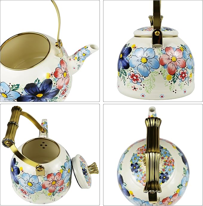 Vintage Enamel Tea Kettle, Blue Floral Pattern Stovetop Teapot with Gold Handle, 2.5L Enamel Kettle Kitchen Decor, Ideal Gift for Housewarming Camping Coffee Pot
