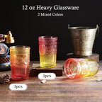 Loivttvv 6pcs Vintage Drinking Glasses Set, 12 oz Glass Cups, Embossed Ribbed Christmas Glassware Water Tumblers for Cocktail, Water, Juice, Milk, Whiskey