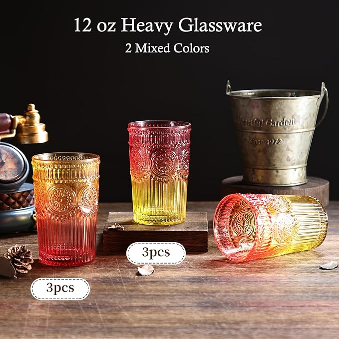 Loivttvv 6pcs Vintage Drinking Glasses Set, 12 oz Glass Cups, Embossed Ribbed Christmas Glassware Water Tumblers for Cocktail, Water, Juice, Milk, Whiskey