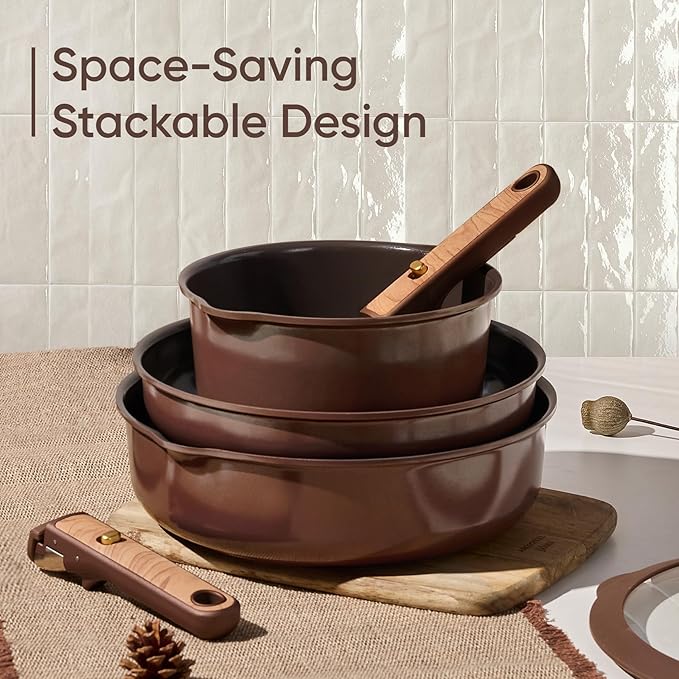 CAROTE 19 Pcs Ceramic Cookware Set, Pots and Pans Set Non Stick with Detachable Handle, RV Kitchen Cooking Set, Induction & Oven Safe, Non-Toxic, PFAS and PFOA Free, Dark Choco