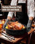 Roasting Pan with Lid & Rack 18 Inch Extra Large Deep Oven Baking Pot, Enamel Granite Non-Stick Oval Carbon Steel Pot for Turkey Chicken Ham Steak Non-Toxic for Mother Day Gift Roaster Pan
