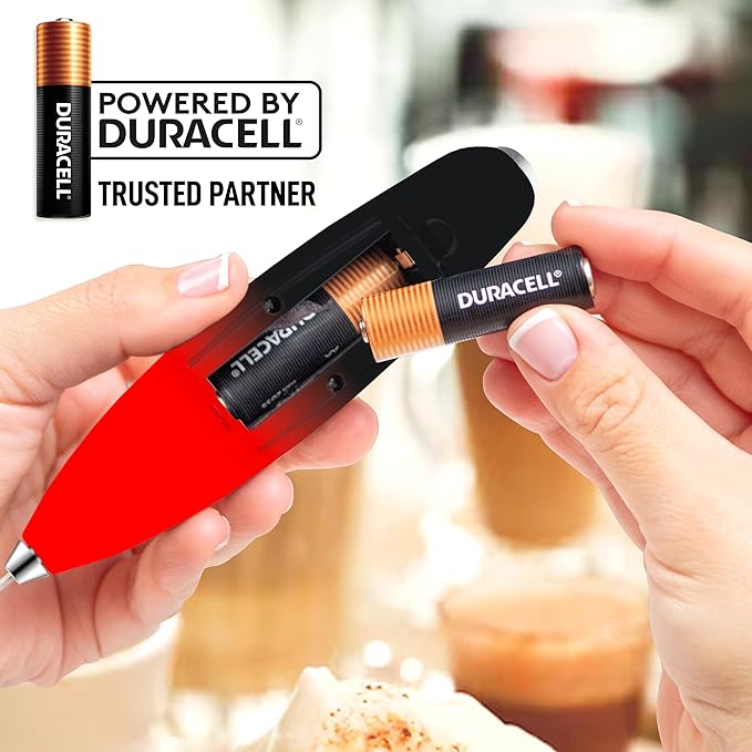 Zulay Kitchen Powerful Milk Frother Wand With 4 AA Duracell Batteries - Ultra Fast Handheld Drink Mixer - Electric Whisk Foam Maker for Coffee, Lattes, Cappuccino, Matcha & Creamer - Black and Red