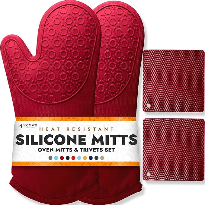 HOMWE Silicone Oven Mitts and Pot Holders, 4-Piece Set, Heavy Duty Cooking Gloves, Kitchen Counter Safe Trivet Mats, Advanced Heat Resistance, Non-Slip Textured Grip (Red)