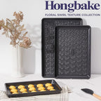 HONGBAKE Nonstick Baking Sheet Pan Set of 3, Cookie Sheets for Oven, Non-Toxic Half/Quarter/Jelly Roll Pans with Floral Swirl Texture, Heavy Duty 0.8mm Thick Oven Trays for Cooking, Dark Gray
