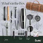 Barillio Bartender Kit Bag with Black Cocktail Shaker Set - Waxed Canvas, Traveling Bar Tools Bag with 17-Pc Cocktail Kit - Travel Mixology Bartending Kits - Mobile Bar Roll with Strap & Accessories