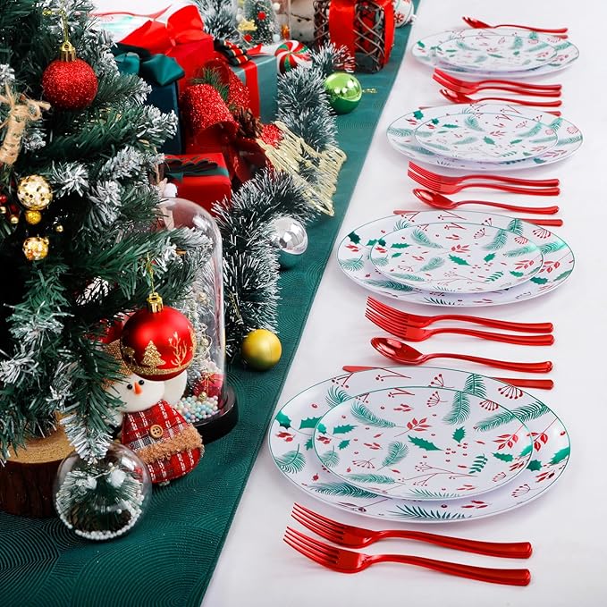 NOCCUR 60PCS Christmas Disposable Plates - Green & Red Plastic Dinner Plates, 30 Dinner & 30 Salad Plates - Pine Needle & Berry Design, Heavy Duty for Christmas Parties