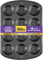 Wilton Gold Non-Stick Bakeware Muffin Pan - Baking Pan for Muffins & Cupcakes - Made Without PFAS, Dent Resistant & Dishwasher Friendly - Offers Even Heat Distribution - 10.5 x 15 x 2 Inches, 12 Cup
