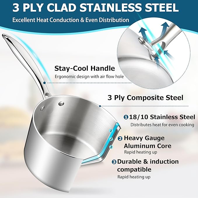Homikit Stainless Steel Saucepan Set, 1Qt & 2Qt & 3Qt Sauce Pan with Lids 6pcs, Tri-Ply Bottom Induction Compatible Small Cooking Pot kitchen Cookware Set, Dishwasher Safe & Nonstick