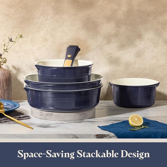 CAROTE 22Pcs Titanium Cookware Set, Pots and Pans Set Non Stick, Kitchen Cooking Set with Detachable Handle, Non Toxic Induction Cookware, Dishwasher/Oven Safe，Blue