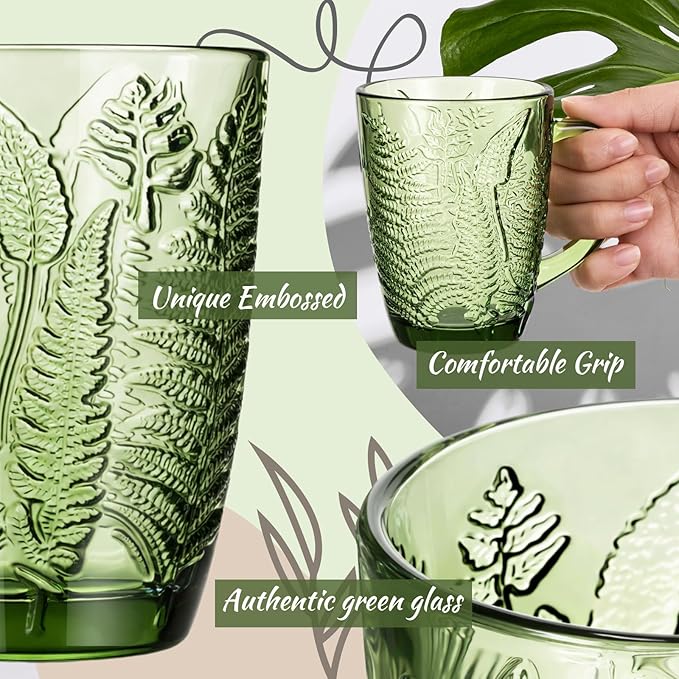 Reallnaive Green Drinking Glasses Set of 8, Boho Aesthetic Vintage Glassware Fern Paisley Carving Textured Tumbler Water Cups Embossed Pattern Drinkware Cocktail Set for Xmas Gift (10 oz,with Handle)