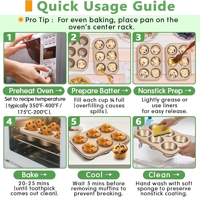 Kevenal Jumbo-Muffin-Pan - Nonstick 6-Cup Large Cupcake Pan, Heavy Duty Giant Muffin Baking Pan for Cupcakes, Oven Safe & Easy to Clean (Large Cup Size, 3.5 x 1.5in)