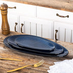 vicrays Large Oval Serving Platters, 16"/14"/10" Porcelain Serving Platters for Party, BBQ,Stackable Serving Trays Serving Plates for Appetizers, Sushi, Restaurant, Dessert, Set of 3 (Blue)