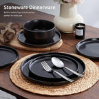 E-far Stoneware Dinnerware Sets for 8, 24-Piece Plates and Bowls Set, Modern Ceramic Dishes Dinning Ware, Microwave & Dishwasher Safe - Matte Black