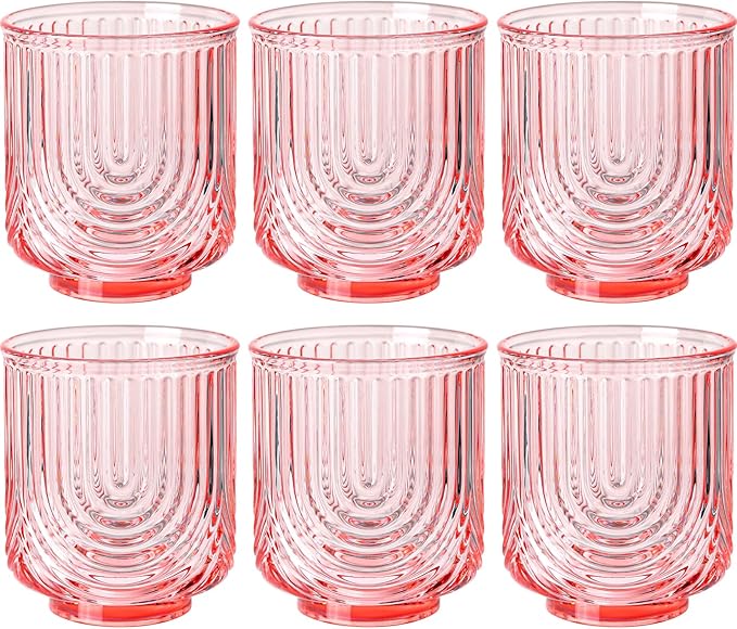 Pink Vintage Drinking Glasses Set of 6-15oz Hand-Blown Highball Ribbed Glassware, Arch Design Cocktail Glasses for Whiskey Water Beverages Ice Coffee Juice Milk