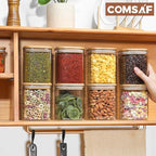 ComSaf 0.8 Qt Glass Food Storage Jars Set of 6, Clear Storage Containers with Airtight Lids, Pantry Organization Jar, Spice Jar, Blooming Tea, Oat, Coffee and Sugar Container, Canister Set for Kitchen
