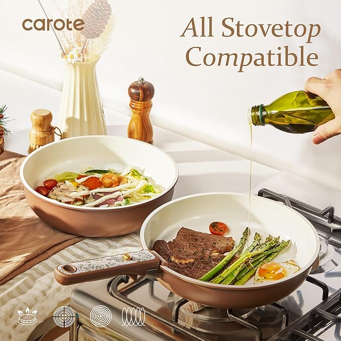 CAROTE 25-Piece Ceramic Cookware Set, Nonstick Pots and Pans Set with Detachable Handle, Non-Toxic Kitchen Cooking Set, Dishwasher & Oven Safe, Induction Compatible, PFAS Free, Chocolate