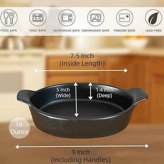 Oval Au Gratin Baking Dishes Set of 4 9" x 5" 19 oz matte black Ceramic Oven Safe & Heat Resistant With Handles for Small Mini Casseroles Cooking & Serving
