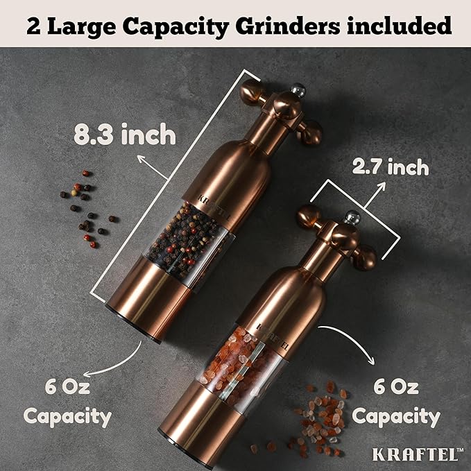 Premium 8" Salt and Pepper Grinder 2PK. Large Peppermill - Refillable, Adjustable Coarse, Antique Stainless Steel Spice Shaker. Clear Acrylic aesthetic - Cute Copper Color Kitchen Gift for Mom