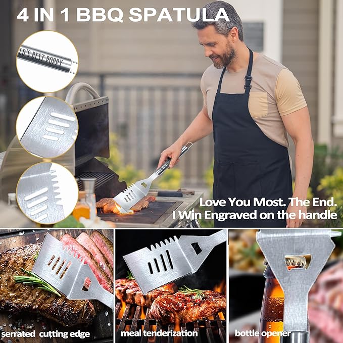 Poppy Gifts, Christmas Poppy Gifts for Grandpa from Grandkids Heavy Duty Grilling Accessories Kit for Backyard BBQ, Thick Stainless Steel Grill Utensils with Non-Slip Handle Tool for Man on Birthday