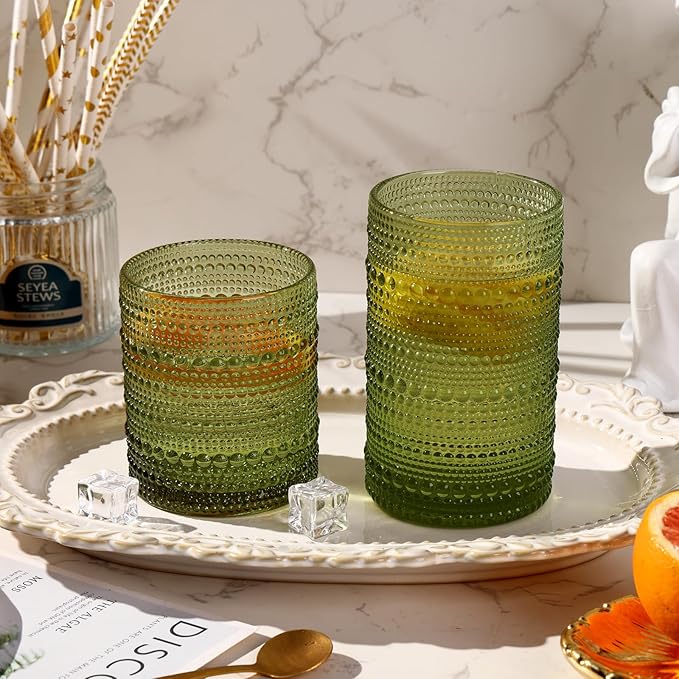 Moretoes Hobnail Drinking Glasses, 12 Piece Green Water Glass Cups, Mixed Vintage Glassware Set, 6pcs 12oz Highballs and 6pcs 10oz old Fashioned Glasses, Great for Cocktail, Whisky and other Beverages
