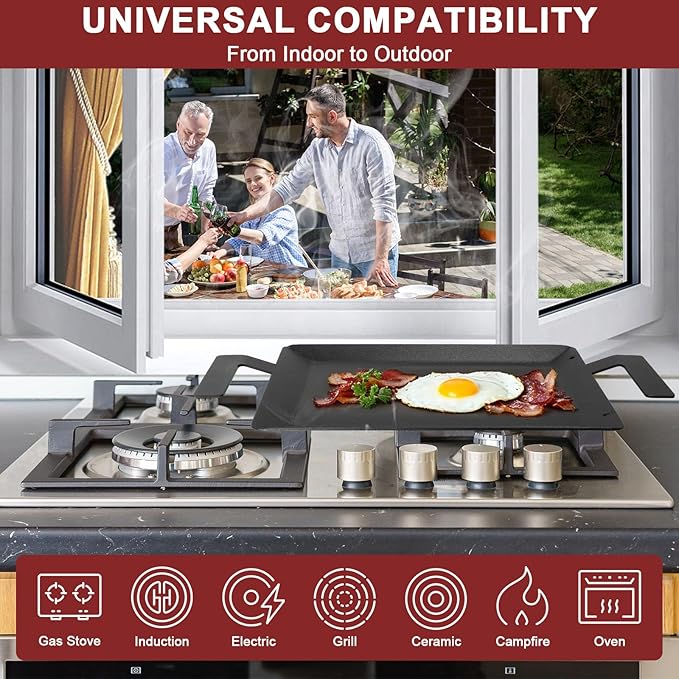 Carbon Steel Griddle - Professional Cookware Griddle Pan for Induction, Stove Top, Gas Grill, Cooktop, Electric and more, 17" x 10" NonStick Flat Top Griddle Plate Skillet, Indoor/Outdoor Use