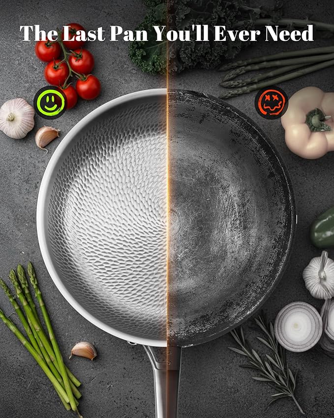 Titanium Pan, 12 Inch Pure Titanium Hammered Pro frying pan with Lid, Non-Toxic Skillet for Cooking, PFAS/PFOA/PTFE Free Cookware, Dishwasher&Oven Safe, Kitchen Induction Compatible