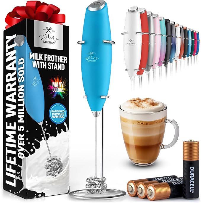 Zulay Kitchen Patented Tornado Triple Whisk Milk Frother with 4 Duracell Batteries – Handheld Foam Maker for Coffee, Lattes, Matcha & Hot Chocolate – Rich, Creamy Froth in Seconds - Teal Blue