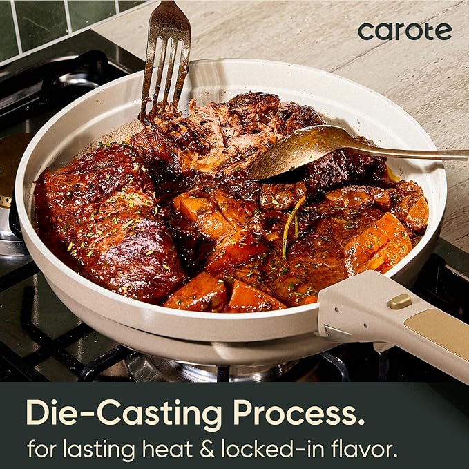CAROTE 18 Pcs Ceramic Cookware Set Titanium Nonstick with Detachable Handles, Non Toxic Cookware, Pots and Pans Set Non Stick Removable Handles, Induction Available, Kitchen Cooking, Dishwasher Safe