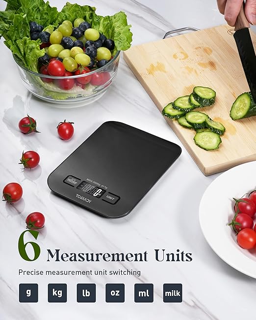 Food Scale, 11lb Kitchen Scale with 6 Units LCD Display and Tare Function, 0.05oz/1g Digital Kitchen Scale Compact Design for Baking, Healthy Cooking, Meal Prep, 304 Stainless Steel Black