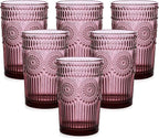 ZMOWIPDL Vintage Glassware Drinking Glasses Set of 6,13 oz Purple Textured Flower Design Glass Water Tumblers，Embossed Striped Drinkware for Water,Cocktails,Juice,Iced Coffee