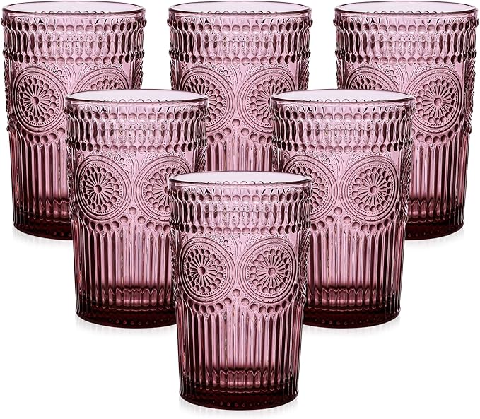 ZMOWIPDL Vintage Glassware Drinking Glasses Set of 6,13 oz Purple Textured Flower Design Glass Water Tumblers，Embossed Striped Drinkware for Water,Cocktails,Juice,Iced Coffee